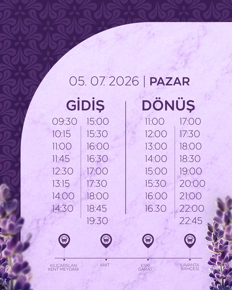 KaratayBelediye's tweet photo. Karatay Lavanta Günleri Ücretsiz Servis Duyurusu🚌🪻

3-4-5 Temmuz Karatay Lavanta Günleri etkinlikleri için şehir merkezinden lavanta bahçelerimize gidiş ve dönüş olarak ücretsiz servislerimiz hizmet verecektir. 

Tüm vatandaşlarımızı Karatay Lavanta Günleri’mize bekliyoruz.

Detaylar haberimizde👇🏻
https://t.co/CeMKjpsx6u