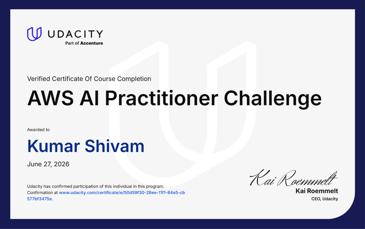 shivam_aarya017's tweet photo. Just completed the @AWSAI Practitioner Challenge and two projects from the AWS AI & ML Scholars Program with @udacity !
• Built my first AI productivity app
• Analyzed data using AI with PartyRock
🚀#AWS #AI #MachineLearning #Udacity #BuildInPublic
https://t.co/SsWBcuY9Px https://t.co/xcxyPvteAJ
