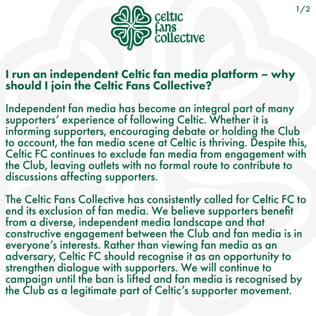 CFC_Collective's tweet photo. Celtic FC will soon welcome mainstream media into our stadium that lied about our supporters and undermined our manager in May.

Meanwhile, Celtic fan media remains banned.

Even by this Board’s standards, that is unacceptable.

We will continue to campaign for the ban to end. https://t.co/6mHe9IiJBN
