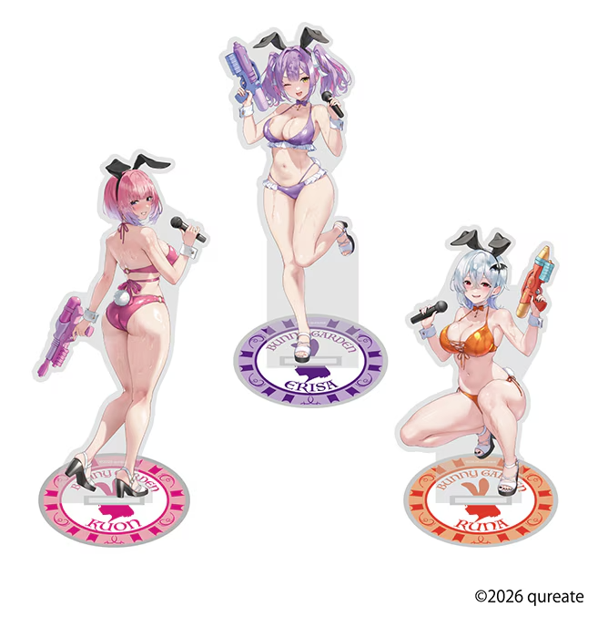 qureate's tweet photo. お紳士の皆さま、お待たせしました！🐰✨

遂に「バニーガーデン」の2期生、英梨紗・黒音・瑠那の描き下ろしグッズが新登場です！💕

水着バニー姿でお紳士の皆さまをお出迎え💕

この夏しか味わえないスペシャルな姿を、ぜひドン・キホーテでゲットしてください！

▼詳細はコチラ▼
https://t.co/B3GvVLDRVo

#バニーガーデン #バニーガーデン2