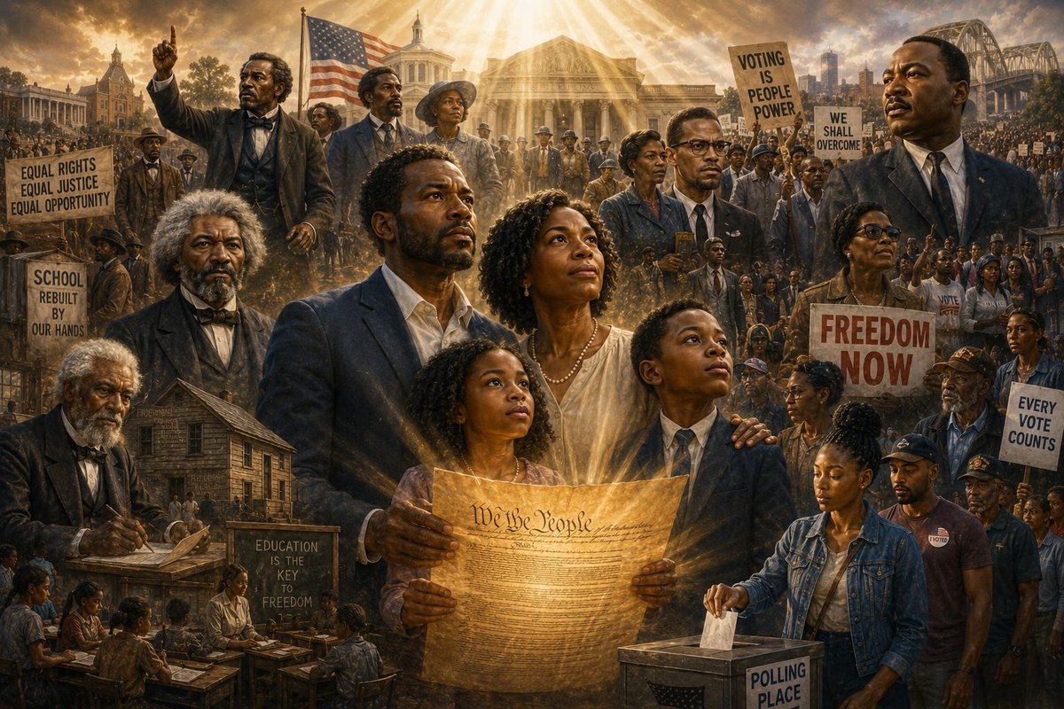 leapofficialorg's tweet photo. Day 5 of our countdown to America’s 250th 🇺🇸

Theme: Democracy & Citizenship

We are American Freedmen. This nation would not be the democracy it claims to be without us.

We built schoolhouses when the law forbade our literacy. We organized, marched, and bled for a ballot that was ours by right but never ours by practice. We have held this Constitution to the light for over a century and a half, insisting it mean what it says — for every American, not some.

From Reconstruction courthouses to today’s polling places, we did not simply ask for freedom. We expanded it, for everyone.

This nation’s success was built on our labor, our sacrifice, our unrelenting demand for justice. That is a debt owed. #ReparationsNow

#LEAP #Freedmen250 #America250