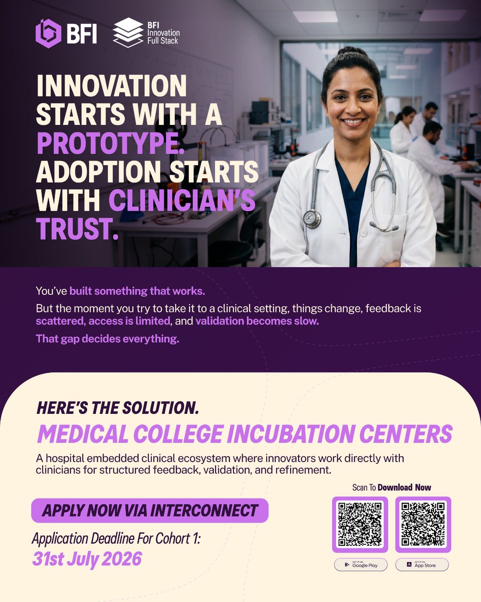 BFI_Impact's tweet photo. Clinical validation shouldn’t be limited due to access or connections.

This program brings innovators and clinicians together within structured hospital ecosystems to help accelerate innovations into validated products with clinical insights. 

Apply now via Interconnect: https://t.co/XTLtMPGtLM 
Learn more: https://t.co/FoKKWoLcnE 

Application Deadline for Cohort 1: 31st July 2026

@GITAMUniversity @NimsUniversity @iiscbangalore @bitspilaniindia @IGIBSocial @AIC_CCMB @iitbombay @aiims_newdelhi @AshokaUniv @THSTIFaridabad