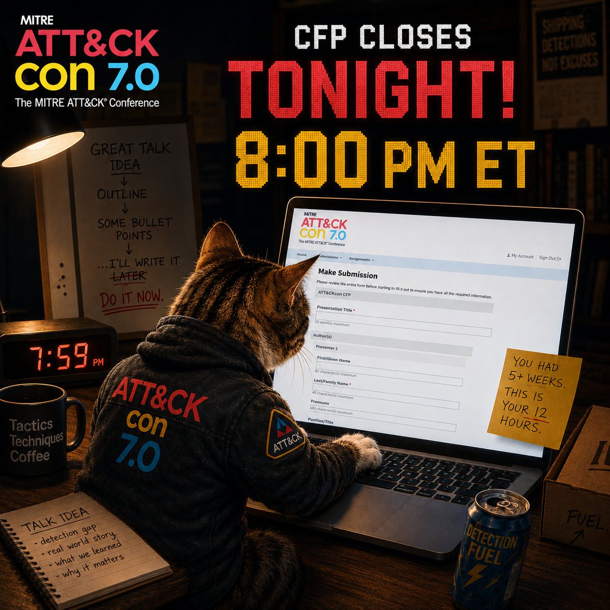 MITREattack's tweet photo. Today's the day. Tonight (7/2) at 8p ET we'll be shutting off submissions for ATT&amp;CKcon 7.0. Historically 1/3 to 1/2 of submissions come in today, so you're not alone!

Have something cool you've been up to with ATT&amp;CK? A rant about our last release? https://t.co/pUNKOiaJsL https://t.co/EFc6nElU0c