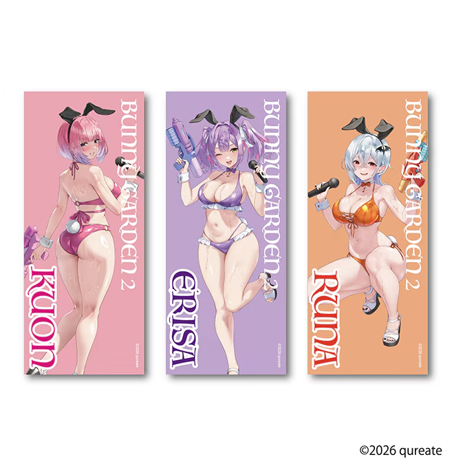 qureate's tweet photo. お紳士の皆さま、お待たせしました！🐰✨

遂に「バニーガーデン」の2期生、英梨紗・黒音・瑠那の描き下ろしグッズが新登場です！💕

水着バニー姿でお紳士の皆さまをお出迎え💕

この夏しか味わえないスペシャルな姿を、ぜひドン・キホーテでゲットしてください！

▼詳細はコチラ▼
https://t.co/B3GvVLDRVo

#バニーガーデン #バニーガーデン2