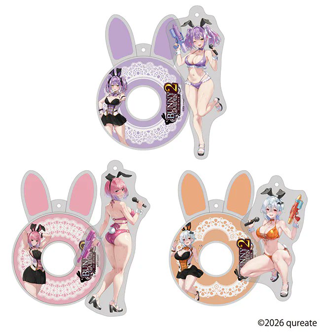 qureate's tweet photo. お紳士の皆さま、お待たせしました！🐰✨

遂に「バニーガーデン」の2期生、英梨紗・黒音・瑠那の描き下ろしグッズが新登場です！💕

水着バニー姿でお紳士の皆さまをお出迎え💕

この夏しか味わえないスペシャルな姿を、ぜひドン・キホーテでゲットしてください！

▼詳細はコチラ▼
https://t.co/B3GvVLDRVo

#バニーガーデン #バニーガーデン2