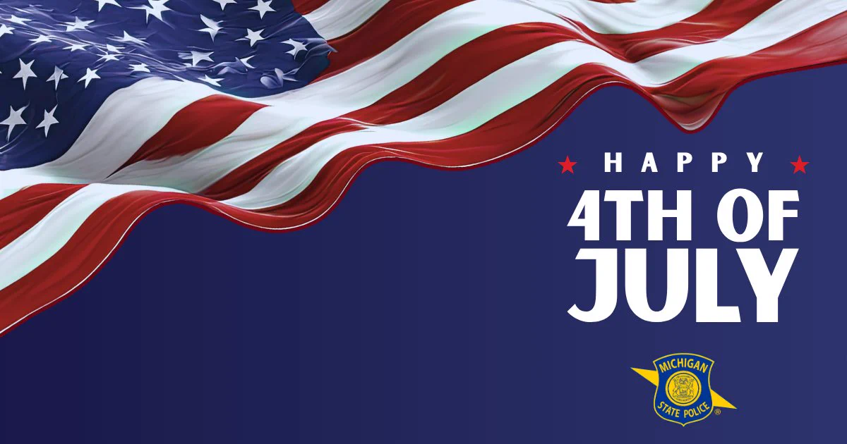 American Flag on blue background with text reading Happy 4th of July. MSP Shield