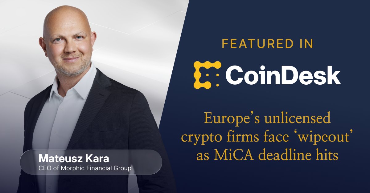 rgltdcom's tweet photo. MiCA's transitional period ended July 1st.

Only 244 firms are authorized across Europe, Poland had ~2,000 VASPs and almost none acquired the license.

Our group’s CEO Mateusz Kara told @CoinDesk how this reshapes the market. Built compliant from day one. 

Read it, link below. https://t.co/FvLwjOHJr9