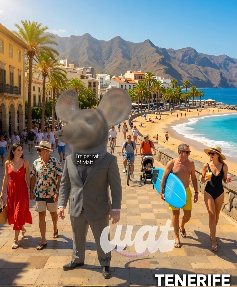 Wat0x63's tweet photo. Hello from Tenerife, Spain ☀️
New destination - Rat race around the globe! 🌍
/ $WAT everywhere!
-Dedicated Nightriders 
-Bro of $PEPE, $BRETT, $ANDY and $WOLF 🫂🫂 https://t.co/YrwMrXHzM9