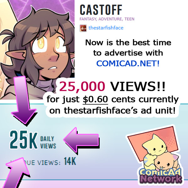 comicadnetwork's tweet photo. 25,000 VIEWS on @thestarfishface.bsky.social AD UNIT per day for just $0.60 cents! 🫨This is the best time to advertise on https://t.co/C5JxPDp7Y2. Need real eyes on a project or a kickstarter? Get on Comicad Network today! https://t.co/HwDocUkqtC #comicad #art #comics #webcomics https://t.co/NHBkf6YCbs