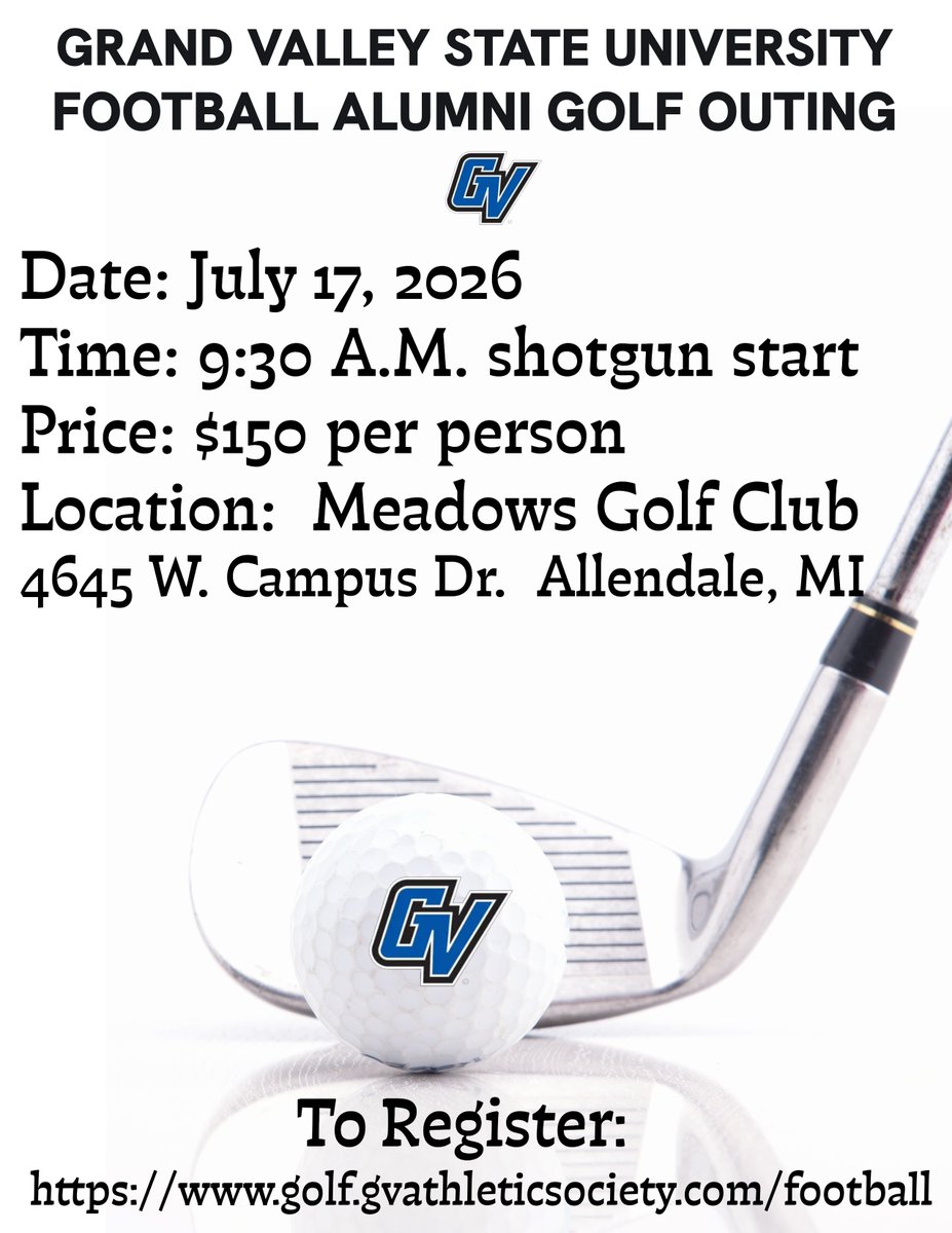 GVSUFB_ALUMNI's tweet photo. We're just over two weeks away from this year's GVAS Football Alumni Golf Outing.  Register your foursome and sponsor a hole to support the future of GVSU Football! ⛳️⚓️⬆️

https://t.co/zFrCmvOT0o https://t.co/4GkrHzSb97