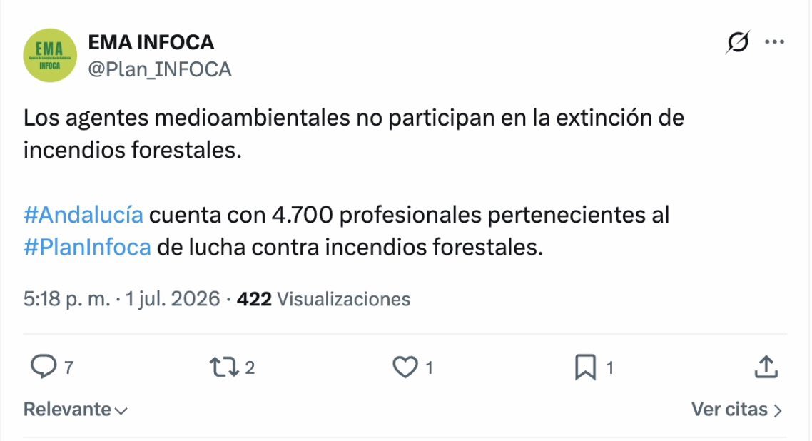 AntonioMaestre's tweet photo. Os voy a contar una historia sobre presiones a periodistas y desmentidos políticos cuando las informaciones les perturban. 

Ayer publiqué una exclusiva sobre una reducción de los especialistas en prevención y extinción de incendios (los agentes medioambientales) en la Junta de Andalucía 

https://t.co/lUIzmVDzjO

La repercusión les molestó. 

La consejería intentó intoxicar de manera privada y presionarme, a mí y por otros medios, diciendo que el titular era mentira porque los Agentes Medioambientales no participan en labores de extinción. 

Publicaron un tuit diciendo que los agentes medioambientales no participan en labores de extinción. Es lo mismo que me dijo a mí en privado la jefa de prensa de emergencias de la Junta de Andalucía. 

Eso provocó la ira (con razón) del cuerpo de Agentes Medioambientales y se les llenó el mensaje de contestaciones. 

Pues hoy ha salido un comunicado de UGT pidiendo responsabilidades políticas y administrativas a quien desinformó con el tuit diciendo que los agentes medioambientales no participan en extinción. 

https://t.co/Gnp9zO2Jx4

He preguntado a la jefa de prensa para pedirle explicaciones. 

Su respuesta ha sido que “no son bomberos forestales y que no usan la manguera”. Le he preguntado para decirle que si ese es el argumento los aviones y buldocer tampoco participan en extinción porque no “usan la manguera”

Se ha hecho el silencio.