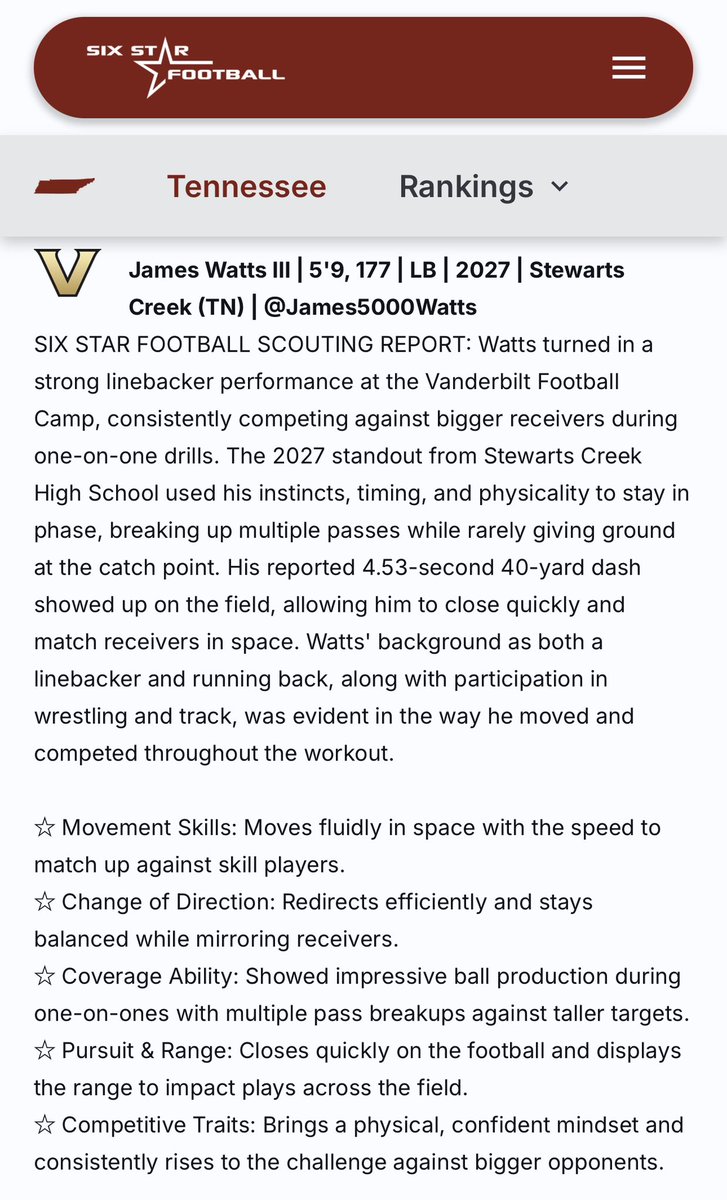 James5000Watts's tweet photo. Appreciate @sixstarfootball for the camp write up &amp; @VandyFootball  @Coach_Lea @Coach_Lezynski for the opportunity! 
#classof2027 
@StewartsCreekFB @reesesteven2 @CoachBWaite @CSAPrepStar https://t.co/skdkv3HjrL
