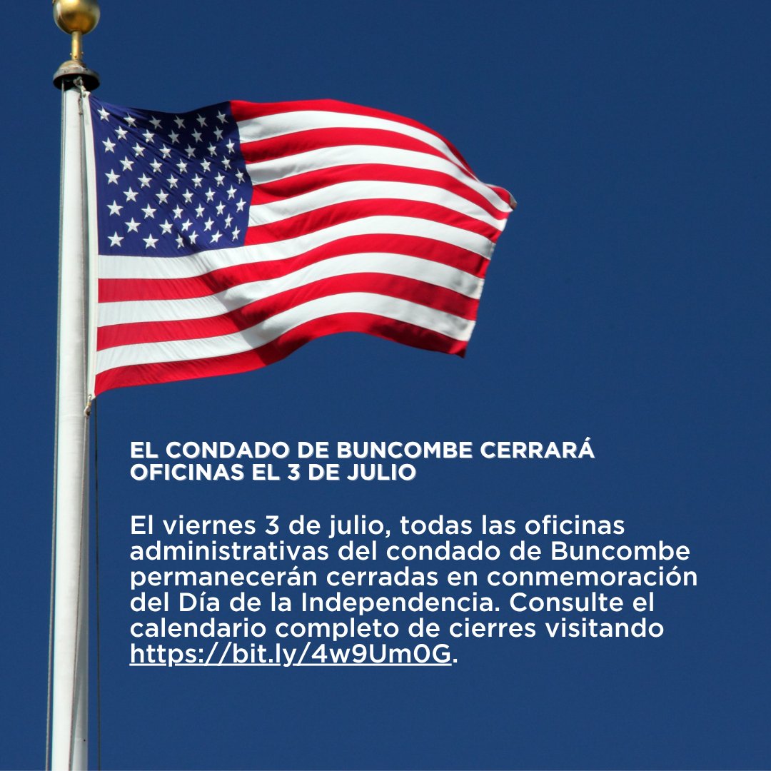 buncombeGov's tweet photo. On Friday, July 3, all Buncombe County administrative offices will be closed in observance of the Independence Day holiday. Read the full schedule of closures by visiting https://t.co/8XLnUuMYWT. https://t.co/gjbhe62BVo