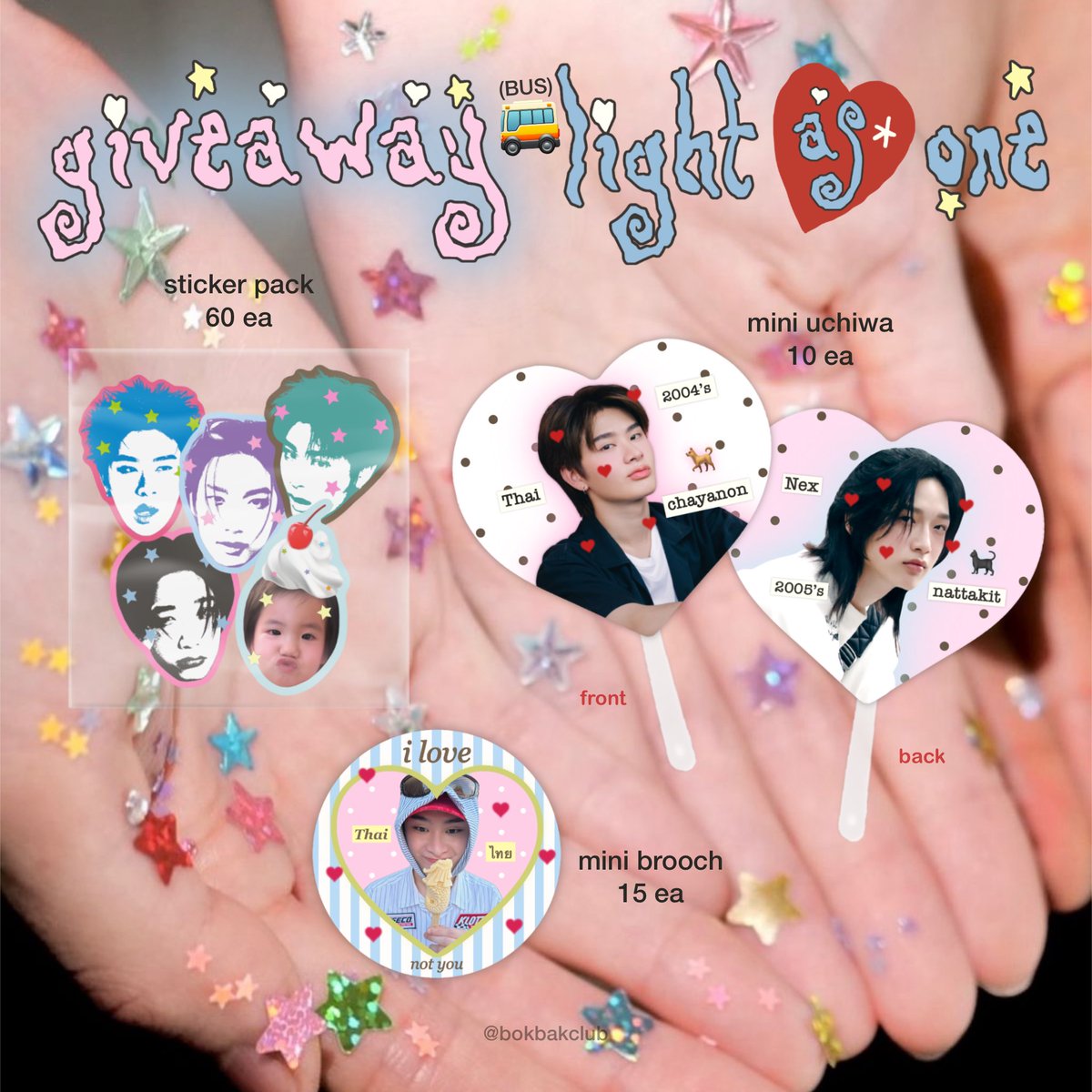 bokbakclub's tweet photo. ❤︎ 𝓖𝗂𝗏𝖾𝖺𝗐𝖺𝗒 — #BUS_LIGHTASONE 

sticker pack – thainexphu 60 ea 🏒
mini brooch🍦♥️ 15 ea
🐕🐈‍⬛ mini uchiwa 10 ea 

กติไก่รับพัดพูดว่า : นี่นะหรอมาโนช
💌 pls rt &amp; show this tweet ⋆✴︎˚｡⋆

@ impact arena 
date : 26 july 2026
time : tba https://t.co/GeQdYtmYUf