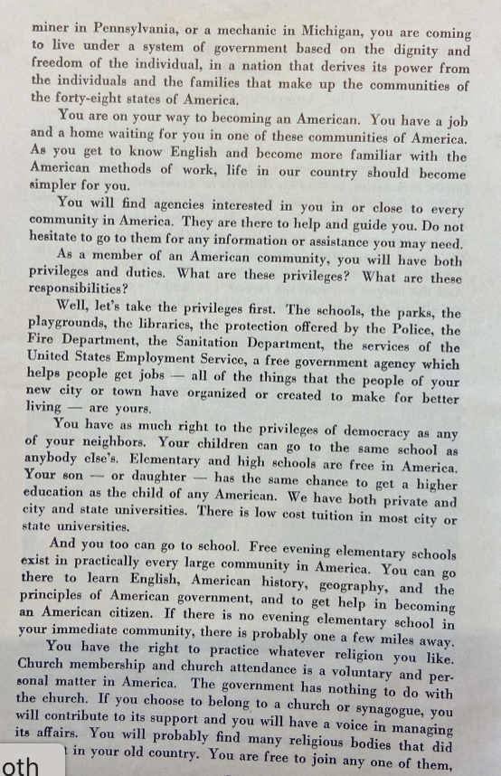 JerusalemDemsas's tweet photo. A @TheArgumentMag  reader just emailed me an English translation of a "Guide to New Americans" given to his mother, a Serbian refugee, that she was given in the emigration camps before coming to the US. 

"You are coming to live under a system of government based on the dignity and freedom of the individual"