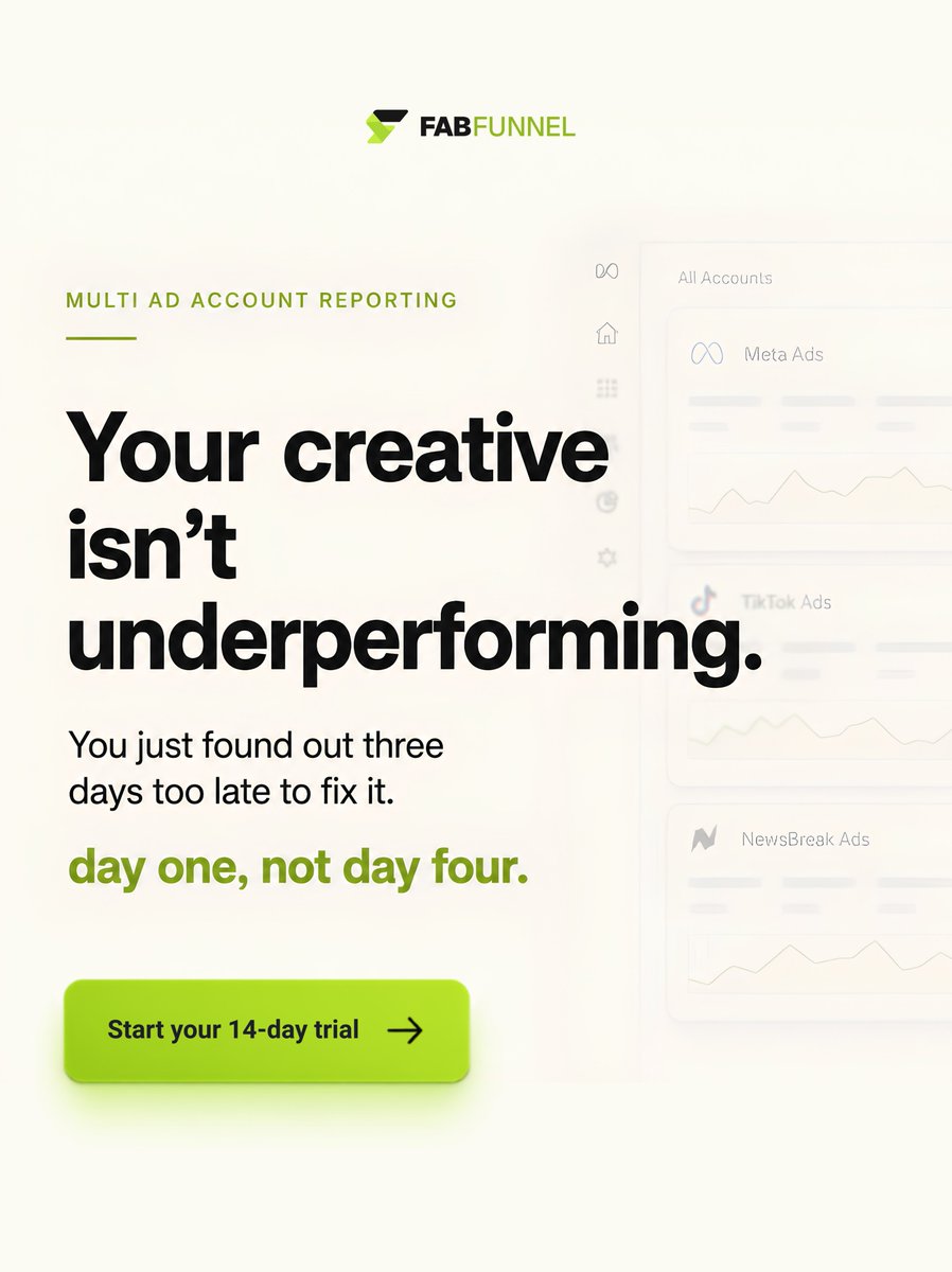 fabfunnel_'s tweet photo. Your creative may not be underperforming.

You may have just found out too late because the data was sitting across multiple ad account logins. https://t.co/fsfKZ3Y5pI