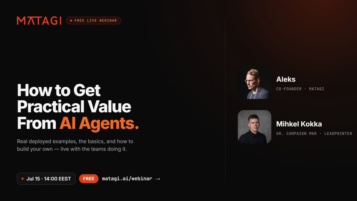 AleksKoha's tweet photo. AI agents are easy to hype and hard to make useful.

so we're doing a free live webinar on how to get practical value from them.

real deployed examples. the basics. and a walkthrough so you can leave ready to automate your first workflow.

jul 15 - 14:00 eest https://t.co/7u1Ftll8FU