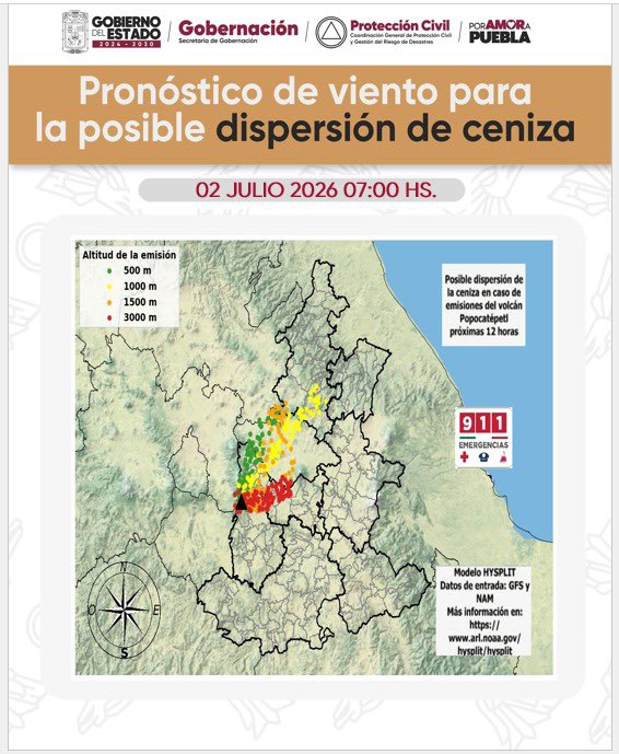 PCGobPue's tweet photo. 🗻 Pronóstico de viento para posible dispersión de ceniza en caso de emisiones del volcán Popocatépetl, podría dirigirse al noreste y este, sobre las regiones de:

📍Atlixco 
📍Angelópolis
📍Sierra Norte 

•Tlaxcala
•Hidalgo https://t.co/ziy7QI8Uq2