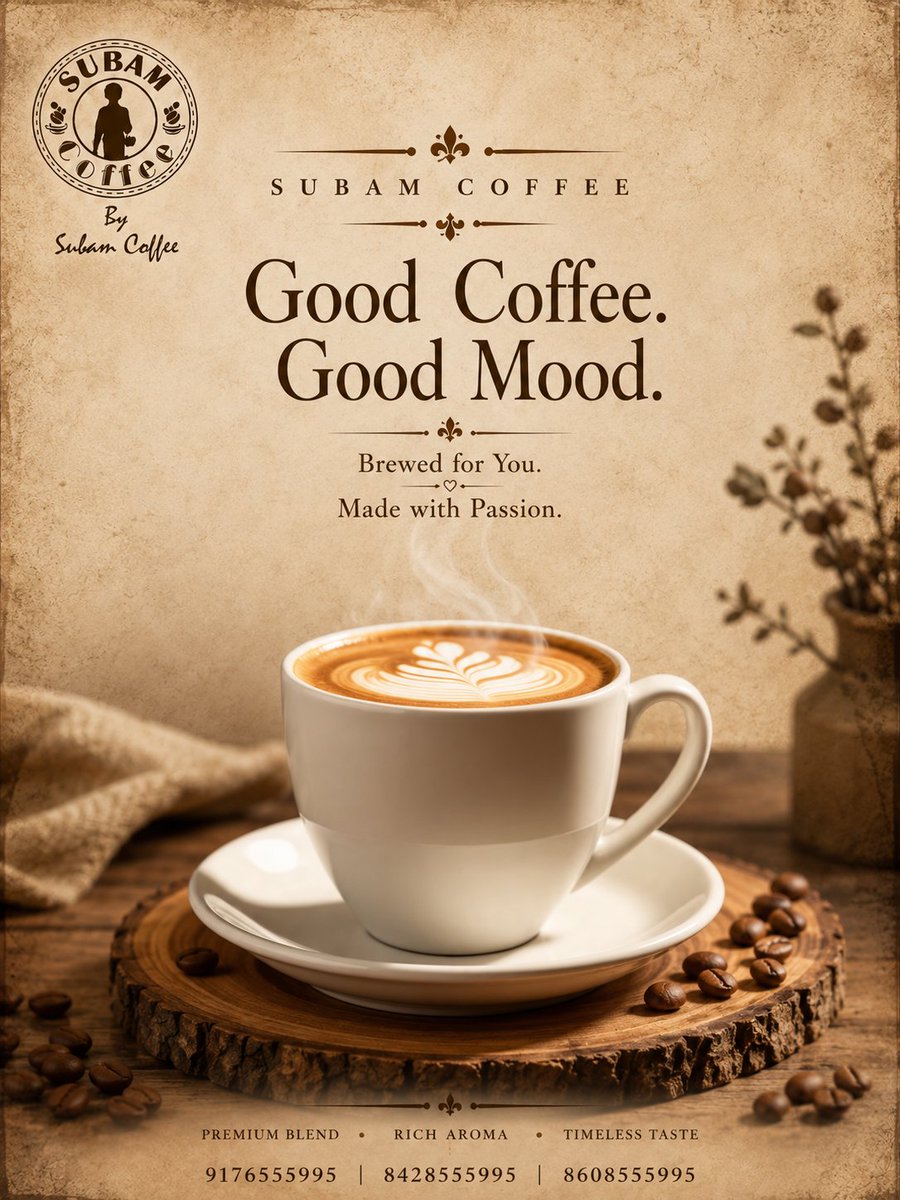 SubamCoffee's tweet photo. Every sip of Subam Coffee is crafted to deliver rich aroma, smooth taste, and premium quality.

Start your day with a coffee that inspires every moment. 🤎

📞 9176555995 | 8428555995 | 8608555995
#SubamCoffee #Coffee #CoffeeLovers #MorningCoffee #FreshBrew #PremiumCoffee https://t.co/BIThRJMuTj