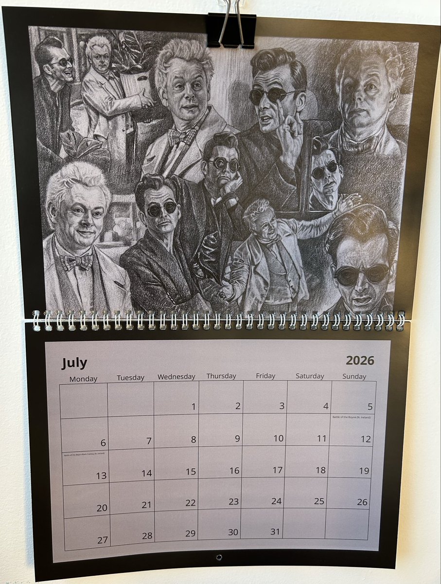 RegRab77's tweet photo. July is upon us &amp; surviving heat, humidity, and the finality of #GoodOmens is possible due to @CateGreenw75684 Cate’s July 2026 calendar art. 
Sigh, will we ever see their likes again? 
#GoodOmens2 #GoodOmens3
#ToTheWorld #Aziraphale #Crowley 
#DavidTennant 
@michaelsheen https://t.co/96YCefuTd9