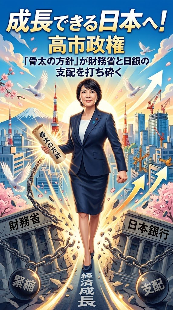 tetsuya_00x's tweet photo. 高市政権「骨太の方針」が財務省と日銀の支配を打ち砕く

1．はじめに：30年の停滞を終わらせる歴史的号砲

ついに日本を覆っていた30年の停滞が終わる、歴史的な大転換の幕が上がりました。

これは単なる政策変更ではなく、日本が再び立ち上がるための「ラストチャンス」です。

６月末、高市総理が議長を務める経済財政諮問会議は、「骨太の方針2026」を打ち出しました。

長年日本を苦しめてきた「緊縮こそ正義」という官僚主義の呪縛を断ち切る、強烈な決断です。

官僚主導の古い価値観を粉砕し、日本再生に向けた号砲が今まさに鳴り響いています。

この改革がまず破壊するのは、私たちが当たり前だと思い込まされてきた「不当なブレーキ」です。

2．財務省と日銀の「鉄格子」を打ち砕く宣言

高市政権は、2027年度を「責任ある積極財政元年」と明確に位置づけました。

これは財務省や日銀が守り続けてきた、日本を衰退させる縮み思考からの完全な決別宣言です。

これまでの日本は、単年度ごとに予算を使い切るという非効率なルールに縛られてきました。

しかし、新方針では上限のない「強く豊かな日本投資枠」を導入し、予算の「鉄格子」を物理的に破壊します。

特に高橋洋一氏が「日銀ボケ」と断じる今の日本銀行に対しては、極めて厳しい鉄槌が下されました。

インフレ率が目標（２％）を下回る中で利上げを強行し、正式決定前に情報をメディアへ「卑劣にリーク」する。

こうした市場を混乱させる無責任な振る舞いや、天下り先の利権確保のための利上げは許されません。

政府がアクセルを全開にする横で勝手にブレーキをかける組織の支配は、ここで終焉を迎えます。

3．2040年、名目GDP1100兆円への野心的な航路

高市政権が掲げるのは、2040年度に名目GDPを1100兆円まで拡大させるという壮大な目標です。

2025年度の予測値である約670兆円から、わずか15年で400兆円強を上積みする計算になります。

これは単なる数字の遊びではなく、日本が「投資不足の連鎖」から脱却するための国家経営のノルマです。

名目成長率3％超を維持し、民間設備投資を230兆円規模へ引き上げることで、経済の好循環を生み出します。

投資が企業を潤し、それが賃金上昇へとつながり、国民が豊かさを実感できる未来を本気で狙っています。

この爆発的な成長を実現するために、高市総理は財務省が隠し持っていた「禁じ手」を暴きました。

4．「社会的な割引率」の見直しという魔法の杖

財務省が有望な投資を片っ端から却下するために使ってきた道具が、4％という高い「社会的割引率」です。

これは公共事業の将来利益を換算する際の比率ですが、今の時代に4％以上の利益を出せる事業など稀です。

財務省はこの数字を「めくらまし」として使い、日本を成長させるための投資を意図的に握りつぶしてきたとの指摘があります。

高市政権はこの率を国際標準へと見直し、官僚たちが歪めてきた投資の判断基準を正常化させます。

この「魔法の杖」の修正により、やるべき事業が溢れ出し、公共投資は現在の2倍から3倍に増えると言われています。

これこそが、日本経済を爆発的に成長させる真の起爆剤であり、官僚の嘘を暴く唯一の道なのです。

5．おわりに：日本国のCEOが切り拓く新時代

高市総理は、自らを「日本国のCEO（最高経営責任者）」と定義し、国家の経営に挑んでいます。

これは無責任な「省益」を優先する官僚主権から、真の「国民主権国家」への大転換を意味します。

国民の負託を受けたリーダーが、官僚から実権を奪還し、自らの責任で国を動かす本来の姿です。

日本という巨大な組織を再び成長軌道へ乗せる、憲政史上最強のCEOの誕生を私たちは目撃しています。

財務省や日銀の古い論理を根底から打ち砕き、新しい道を突き進む高市政権を私は強く支持します。