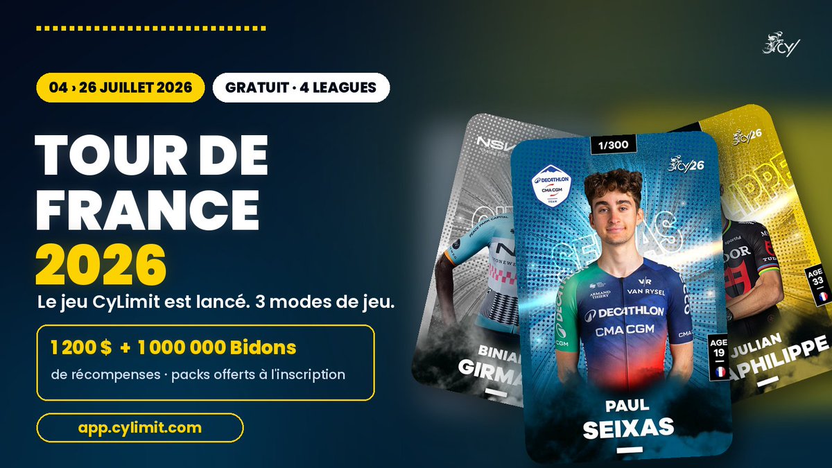 cylimit_game's tweet photo. 🇫🇷Le Tour de France 2026 s'élance le 4 juillet, et sur CyLimit deux jeux disponibles. 🚴🟡
🇬🇧 Translation in English below

À la clé : 1 200 $ + récompenses in-game, et des packs de cartes offerts dès l'inscription.

Le détail juste en dessous 👇
#TDF26 #FantasyGame #Cycling https://t.co/ctN74bmWpL