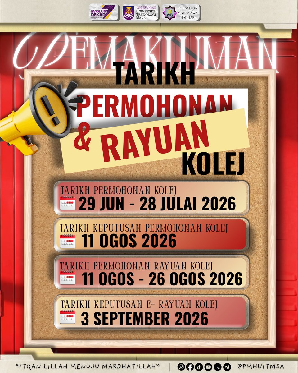 PMHUiTMSA's tweet photo. [PEMAKLUMAN PENGISIAN PERMOHONAN KOLEJ]

Assalamualaikum w.b.t.

📢 PERINGATAN MESRA KEPADA SEMUA MAHASISWA UiTM SHAH ALAM

Mahasiswa kini sudah boleh mula mengisi maklumat permohonan kolej melalui platform i-Student Portal.
#InfoAkademik
#ExcoKesenianKebajikanKesukanan
#WeCare3K https://t.co/hQjXEwnsiV