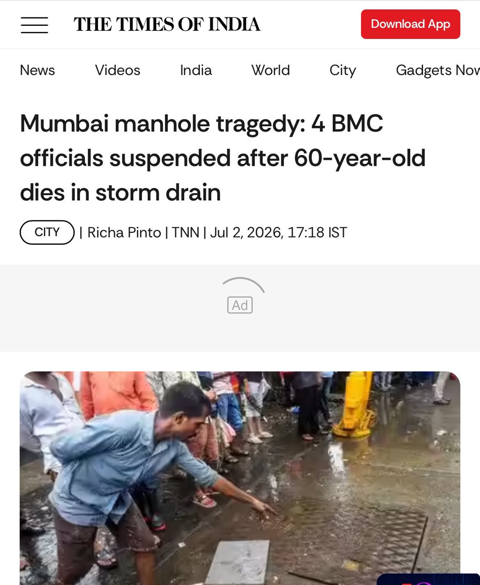 VishalBhargava5's tweet photo. Given the zero sense of accountability in the minds of an average BMC official, I expect them to blame the victim. 
Officials need to be suspended for long periods. Almost every task they do is without any professionalism. It is now causing deaths. Enough of this plunder. https://t.co/zvoRAEmtiW