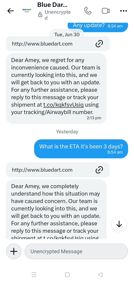 amyys9's tweet photo. @BlueDartCares @BlueDart_ no revert since Sunday. Attached your replies here. I just want to know what action has been taken against the delivery agent for unprofessional conduct. He is putting your name to shame.

#shame #unprofessional #customersupport https://t.co/AynpdFcTkp