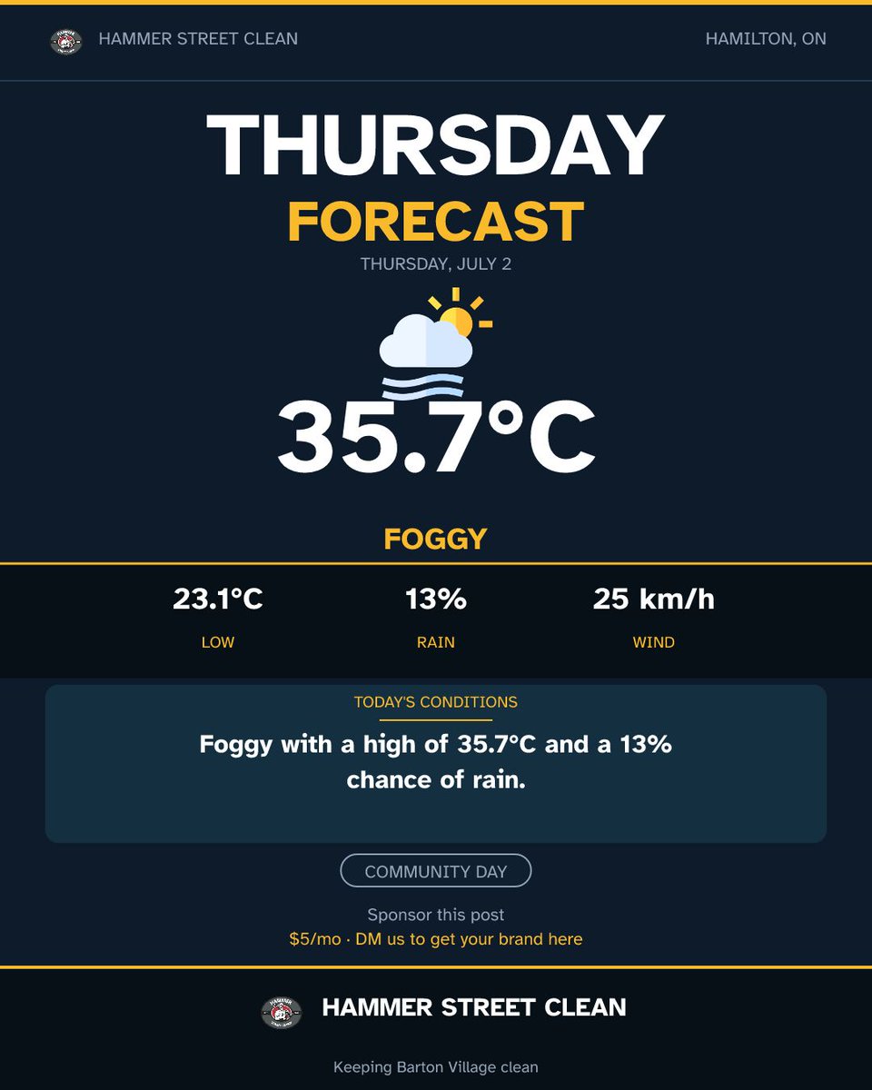 HammerStrClean's tweet photo. A foggy, sticky 35.7C has Hamilton feeling like a sauna today. While the HSC Crew is off the roads, watch for damp leaves sticking to the asphalt—they get slick fast. Stay safe in the mist. #HamOnt #StreetCleaning https://t.co/VJGSAGRAJ5