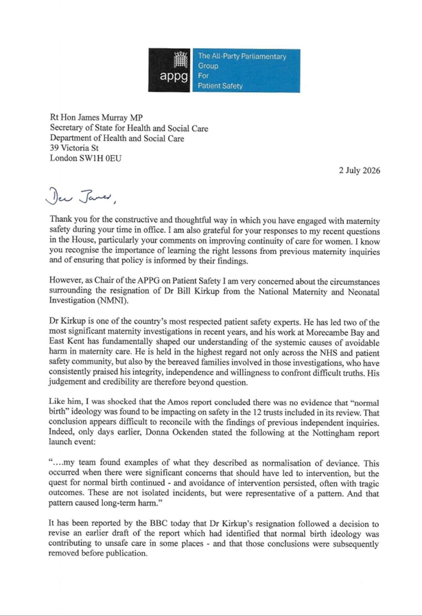 Jeremy_Hunt's tweet photo. Harmed families deserve confidence that lessons from past maternity tragedies are learned. I’ve written to James Murray following Dr Kirkup’s resignation from the Amos Investigation, seeking assurances that the role of “normal birth” ideology will not be swept under the carpet. https://t.co/3lb6jLTR3U