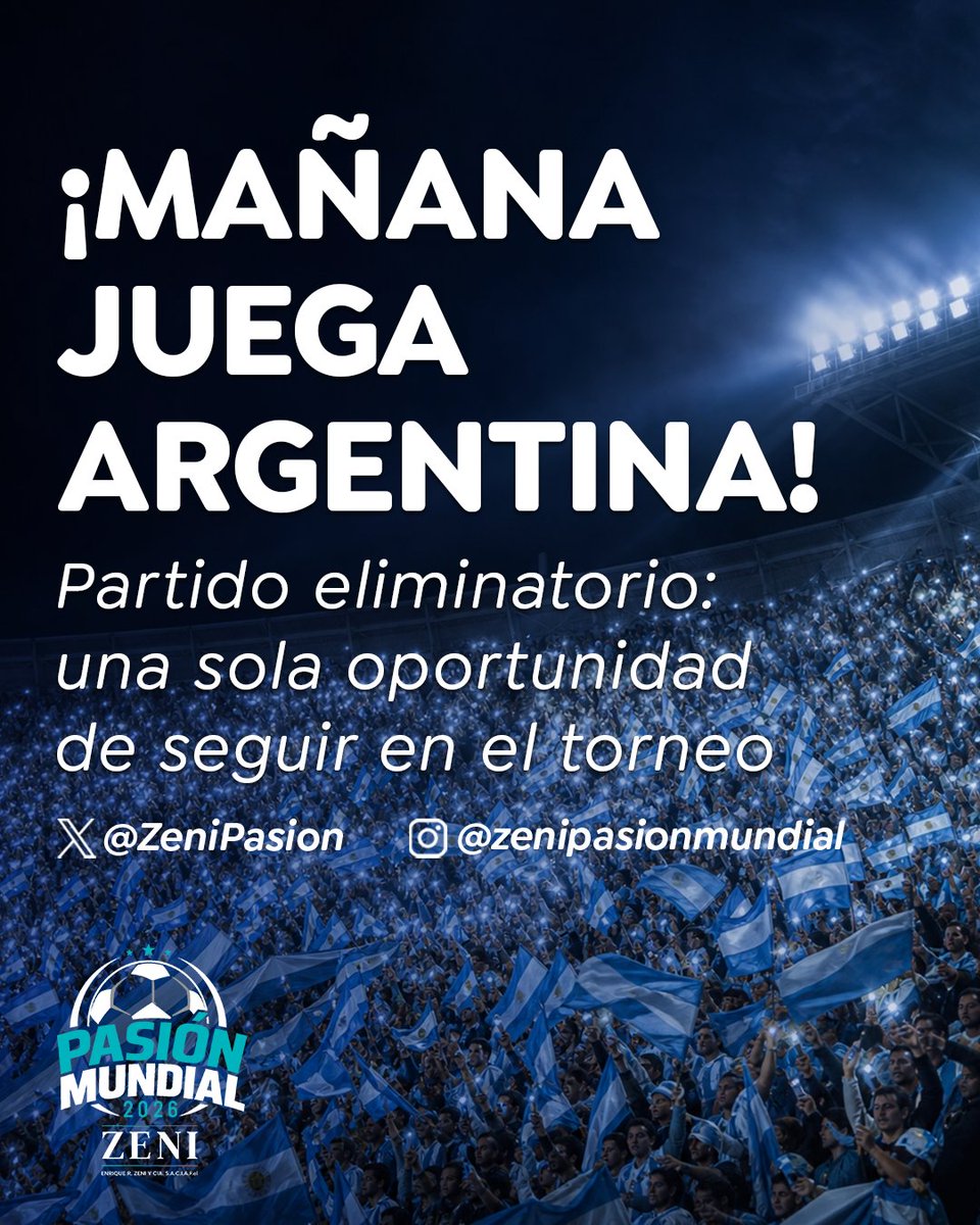 ZeniPasion's tweet photo. Mañana Argentina juega su partido eliminatorio. Una sola chance de seguir en el torneo. 🇦🇷🔥 
¿Tenés tus predicciones cargadas? 
En el mata-mata cada acierto vale más puntos en Zeni Pasión Mundial 2026. 
No llegués tarde. 👉 https://t.co/AHEurprgbC https://t.co/b3dfkBJVdH
