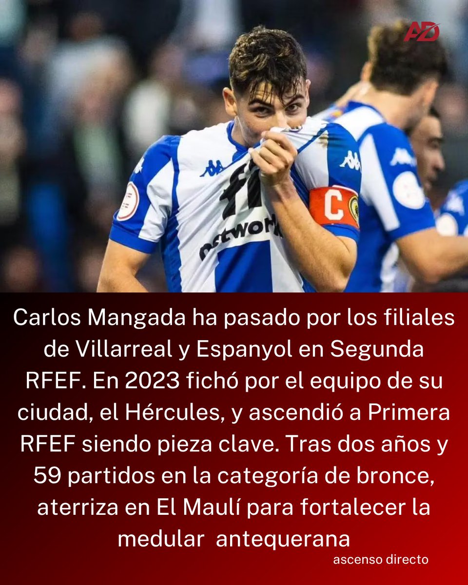 ADirecto_'s tweet photo. OFICIAL 🚨 | CARLOS MANGADA ES EL TERCER FICHAJE DEL @AntequeraCF ✅

El centrocampista alicantino llega tras tres temporadas en el Hércules siendo titular 🔥

#primerarfef #fichajes #antequeracf #herculescf https://t.co/Kr7gM8M10W