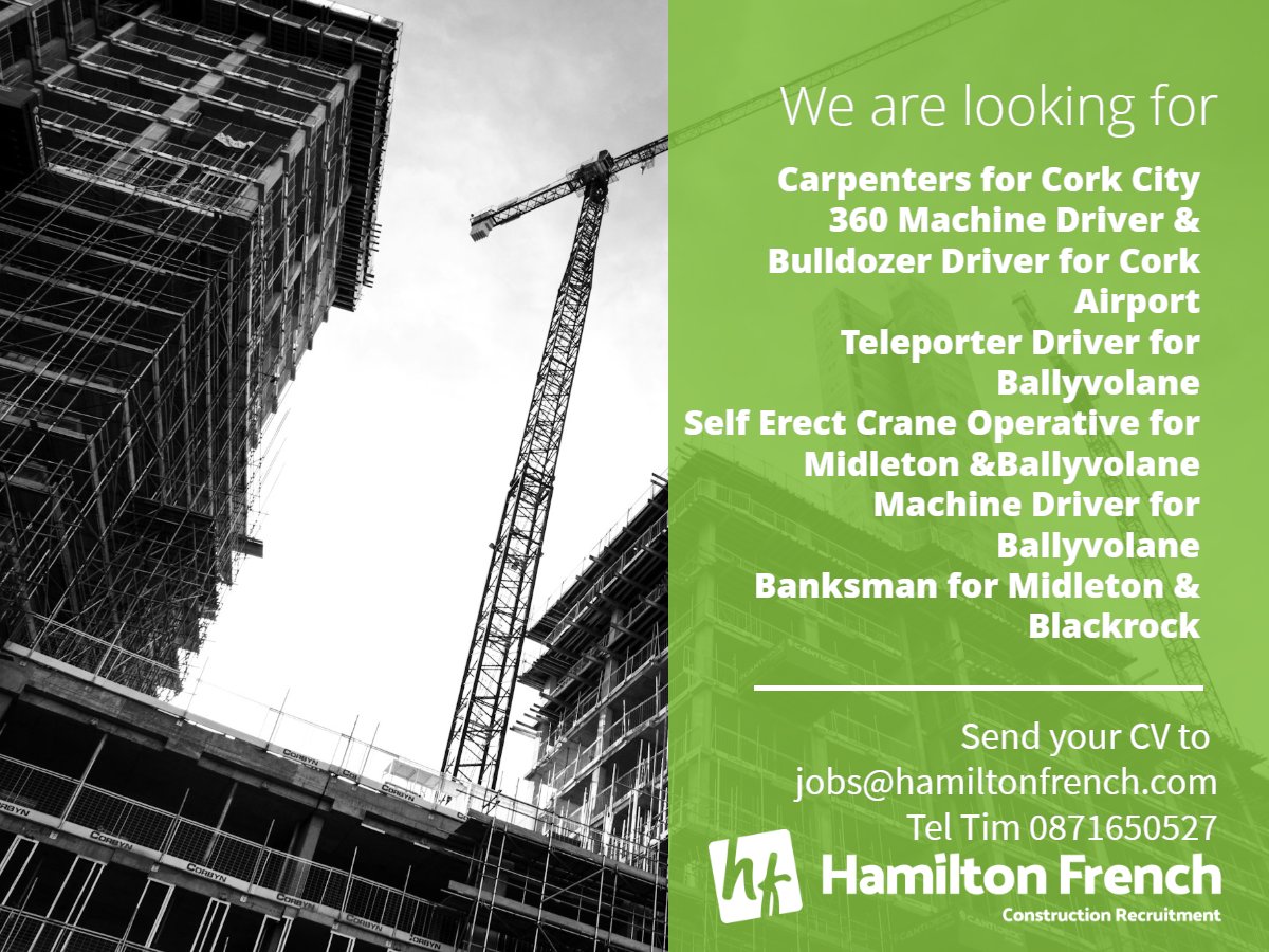 HamiltonFrench_'s tweet photo. Hamilton French have numerous vacancies in our Civil sector in Cork.
#machinedriver #bulldozerdriver #teleporterdriver #banksman #slinger #selferectcraneoperative #carpenter #construction #Hiring #Recruitment #HamiltonFrench #irishjobs #jobfairy https://t.co/y9chjvWrTk