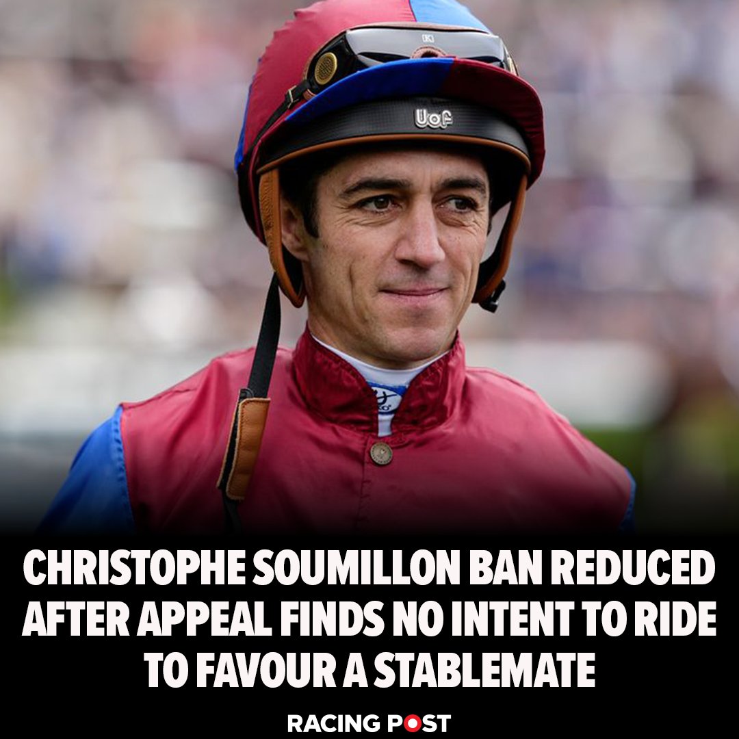 RacingPost's tweet photo. Christophe Soumillon’s ban for riding to benefit a stablemate has been reduced to five days from eight on appeal after the disciplinary panel concluded that while his ride on Puerto Rico aided Gstaad it was not his intention to do so