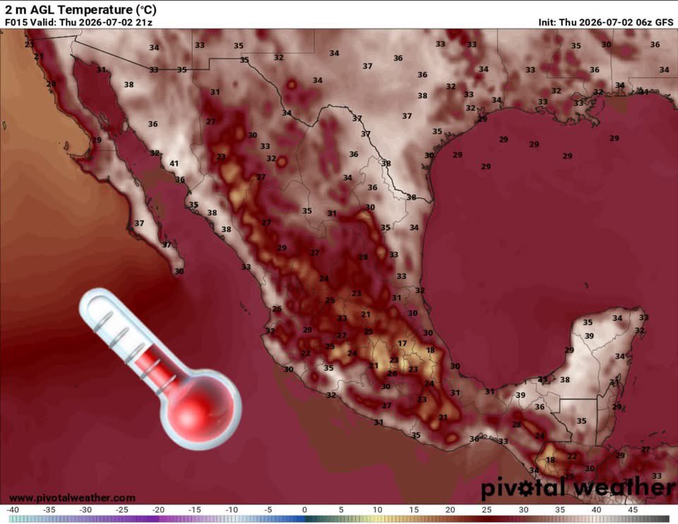 InfoMeteoro's tweet photo. ✅PRONÓSTICO JUEVES 2/JUL/2026 

“Tormentas y lluvias clásicas durante este día julio, regulando temperaturas en la franja central y norte; el calor veraniego continúa…”

⛈️LLUVIAS Y TORMENTAS C/GRANIZO

🔴LAS MÁS INTENSAS🔴
-Chih, Nay, Jal, Mich, Gto, Qro, Hgo, SLP, EdoMex, CDMX, Gro, Pue, Tlax, Oax, montañas de Ver 

🟡EVENTOS AISLADOS FUERTES
-Sin, Dgo, Coah, NL, Tamps, Col, Ags, Zac, Mor, Tab, Chis, Camp, Yuc, QRoo

🌡️AMBIENTE DIURNO☀️
🔥41-45ºC Son, Sin, BCS, NL, Tamps, Nay, Mich, Gro, Yuc, Tab
🥵36-40ºC noroeste, norte, noreste, oriente, sureste 
🥵27-35ºC Pacífico sur, occidente, centro
😅15-26ºC todo el Altiplano centro

⚠️🌬️RÁFAGAS DE VIENTO km/h
35-60 estados del norte, centro, sureste, siendo mayores en zonas de tormenta