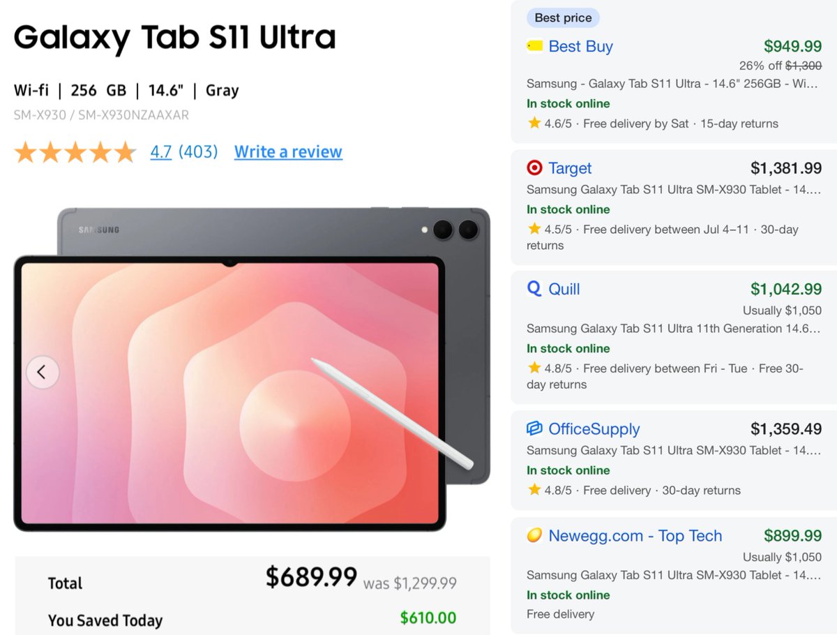 GlitchedDeals's tweet photo. $610 OFF GALAXY TAB S11 ULTRA

This 14.6" tablet is now $690 with an EDU account, originally $1,300

https://t.co/g1QQbrUSJ8

Best Buy has same tablet on sale but listed over $900

Available in gray or silver color + Free Shipping included #ad https://t.co/SEwqTuis52