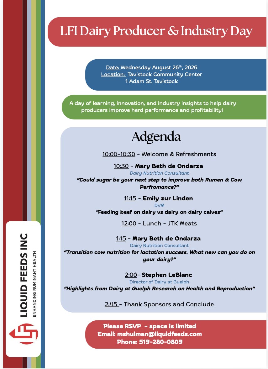 LiquidFeedsInc's tweet photo. !! Mark your calendars !!

Liquid Feeds Inc is hosting a dairy producer and industry day Wednesday, August 26th at Tavistock Community Center!

Come out to listen to some great presentations from industry leaders!

See flyer for details and RSVP at mshulman@liquidfeeds.com https://t.co/gh44XiEKtE