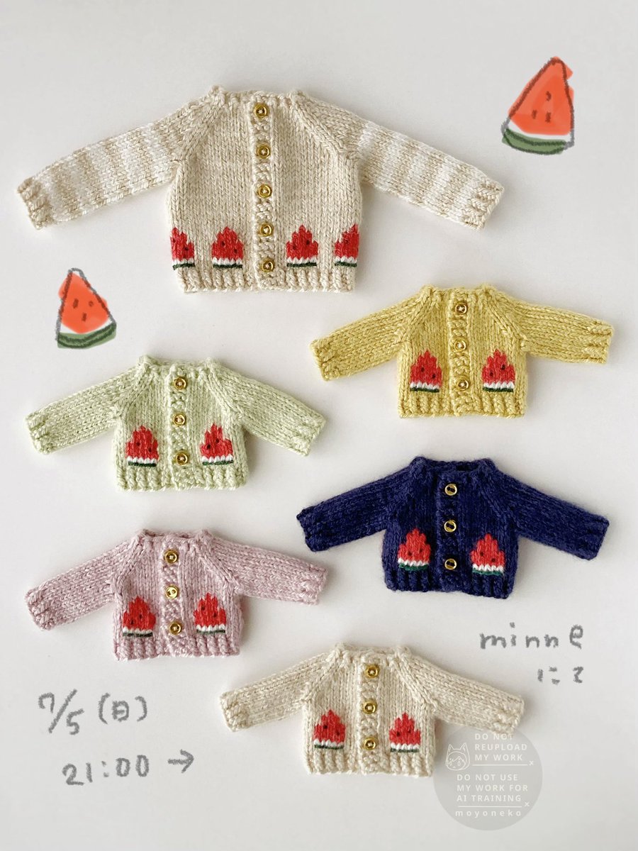 moyoneko's tweet photo. 🍉おしらせ🍉
今週末7/5（日）の21時から写真のニット6点をminneで販売いたします🧶

シチリアサイズ（だいたい1/6）1点
1/12サイズ5点です
ご不明な点などございましたらお気軽にお問合せください
https://t.co/m2aP9f2ziC https://t.co/6cAXAls31Q