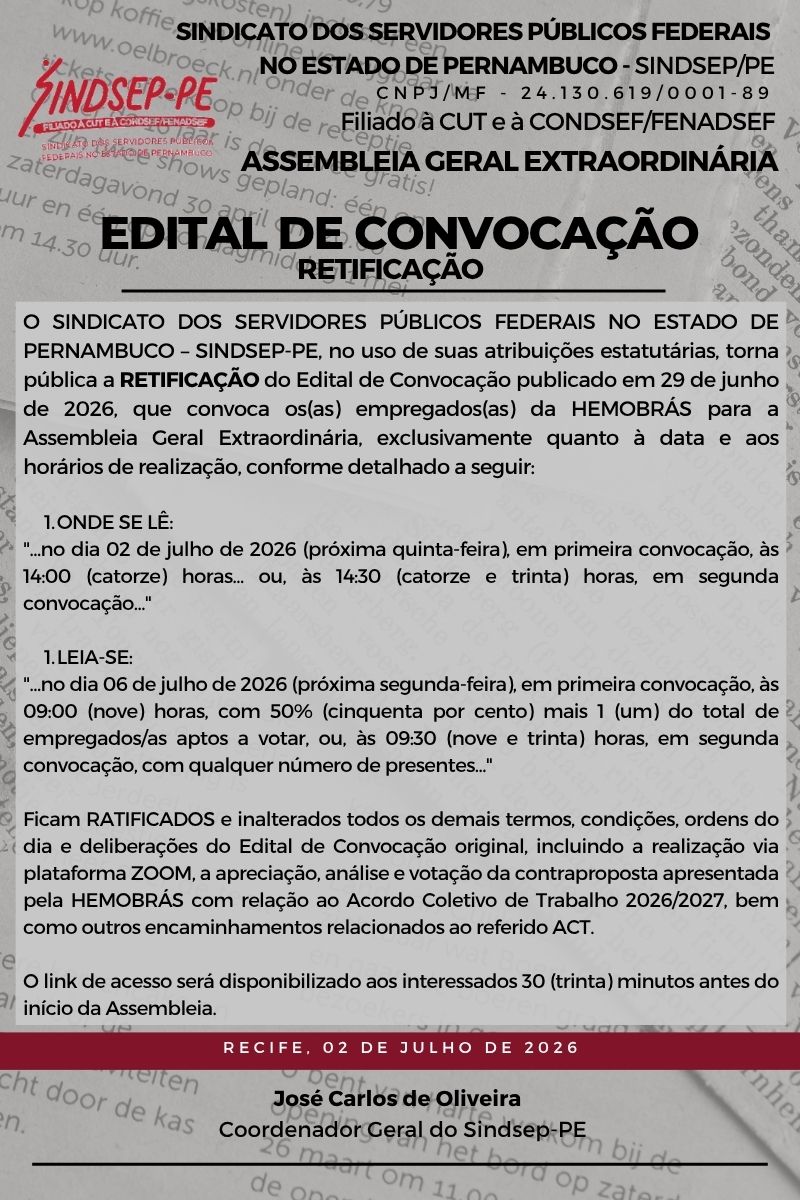 Sindsep_PE's tweet photo. A Assembleia Geral Extraordinária para as trabalhadoras e trabalhadores da Hemobrás, que seria realizada nesta quinta (02), mudou de data. Agora, o encontro virtual acontecerá na próxima segunda (06), por meio da Plataforma Zoom, a partir das 9h.

Veja o edital de retificação https://t.co/pYOxeqOAbp