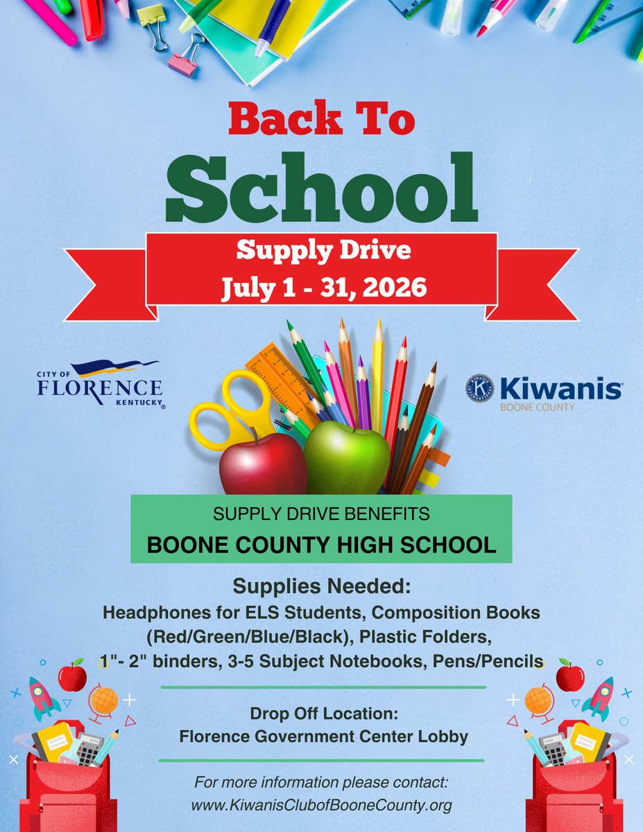 CityofFlorence's tweet photo. Help Boone County High School students by donating supplies during the City of Florence &amp; Boone County Kiwanis Back-to-School Supply Drive through July 31.
Drop off location:📍 Florence Government Center Lobby
Learn more: https://t.co/IRVanm4GYE
#FlorenceKY #BackToSchool https://t.co/AKi2iX9pZj