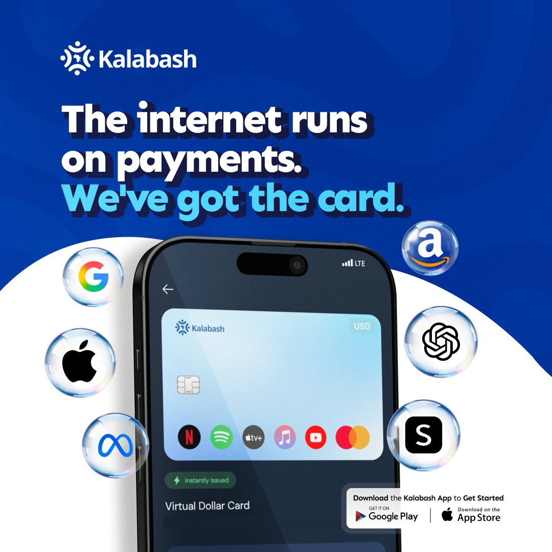 Kalabash54's tweet photo. One card for every online purchase you make. The Kalabash virtual dollar card handles Netflix, Spotify, Apple Music and more and also lets you shop globally without a single decline. 

Fund with Naira. Spend in USD. 

Get the Kalabash virtual card now!