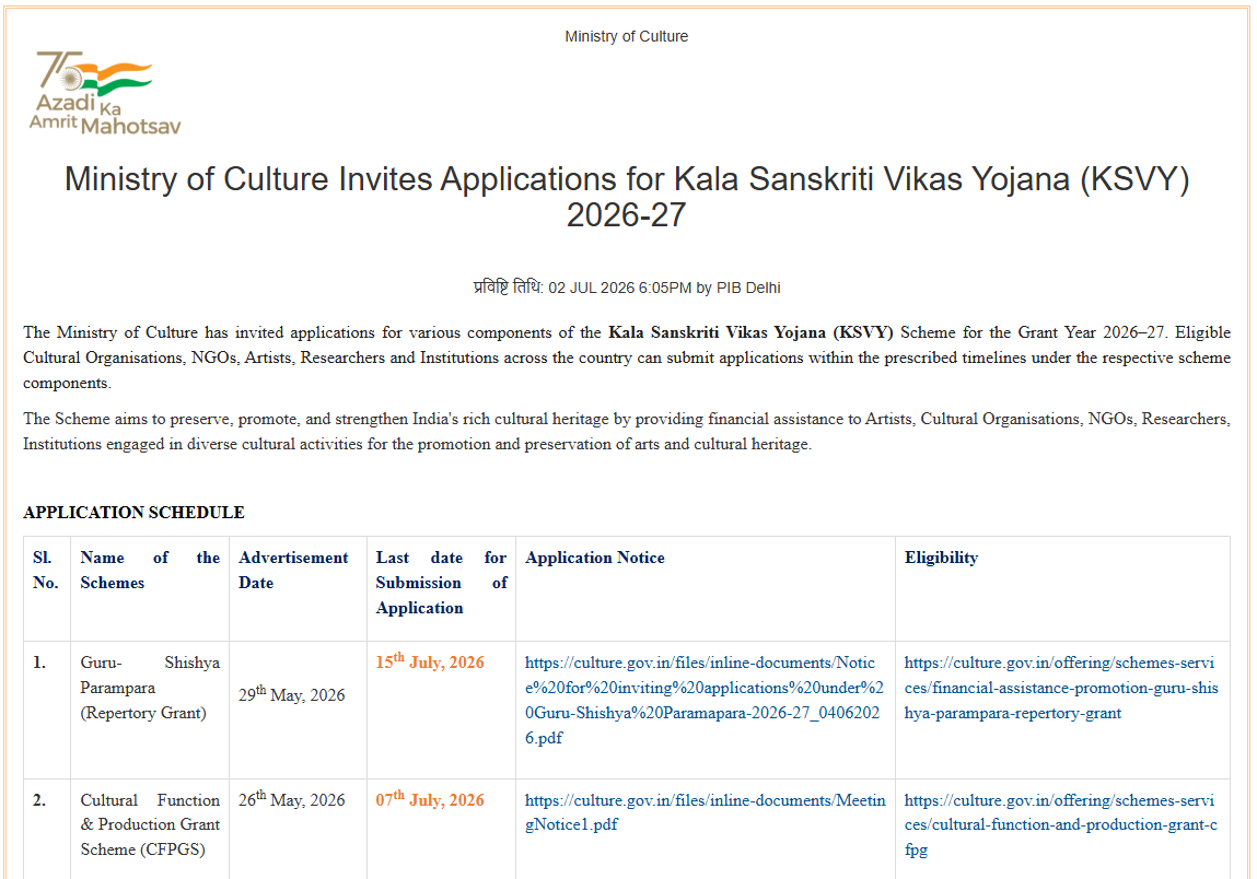 PIBCulture's tweet photo. @MinOfCultureGoI has invited applications for various components of the Kala Sanskriti Vikas Yojana (KSVY) Scheme for the Grant Year 2026–27. 

Eligible Cultural Organizations, NGOs, Artists, Researchers &amp; Institutions can submit applications.

Read more: https://t.co/BiUWX3lRv8 https://t.co/GeiyLcMqkF