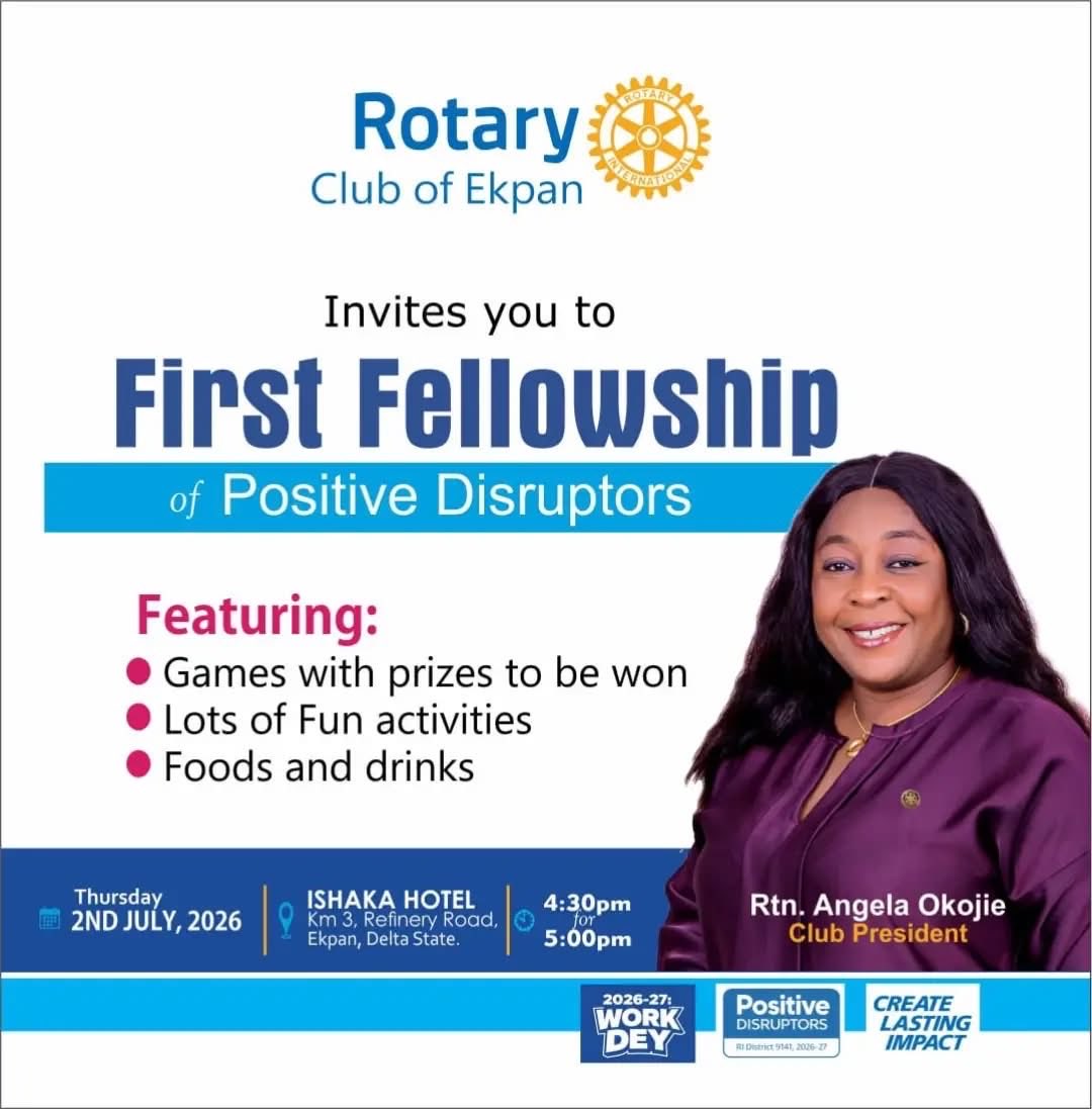 ekpanrotary's tweet photo. BE OUR  FIRST GUEST! 

Rotary Club of Ekpan invites all Rotarians, Rotaractors, Friends of Rotary &amp; Guests to our: First Fellowship of Positive Disruptors.  We are kicking off the 2026-27 Rotary Year in Style. https://t.co/MFWTTmH2yl