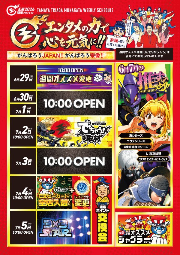 sinana_11's tweet photo. ・
■7月2日
___________________________
🎰玉屋トリアーダ宗像店さん🎰
⚫️🐉2の付く日🐉⚫️
🟡でちゃう取材（金）🟡
___________________________

かどおわ
+35k

機種：Lモンハンライズ

モンハンの聖地にて
朝から挙動が良過ぎてツモったか！！？？

って思ったけど終盤かなり悪くなって
ほぼ天井まで連れてかれました..🥲

◉内容
----------------------------------------
・銅トロフィー
・3否定画面
・エンディング赤チケット（高設定示唆強）
・終了画面の示唆弱く高設定示唆なし
・百竜の淵源チャレンジ外れ突破せず..
・ライズゾーンの入りは悪くはない
・直撃なし
・だるま落としの入り悪く1回だけ
・テーブル移行悪くはない！？
・規定カムラポイント（普通くらい!?）
430回転：100,300,300（大社大社寒冷）
96回転：400（寒冷）
62回転：100,200（大社大社）
369回転：500,600（大社→ライズゾーン完走）
61回転：600,100（大社寒冷）
89回転：200,100,600（メモなし）
154回転：有利切り後の天国
940回転：400,600,200,200,600,100
（メモなし多分テーブルA）
12回転：アイルーだるま落とし成功
--------------------------------------

その後のグラフも添付しておきます。
（見切り辞め成功!?）

18時以降のトロカス見た人も回してないので🌈🏆は出なかったんだと予想🤔..

銅トロだけでしたが
お店的には金トロ当たり前の聖地なので

金トロ予想で🏆...😎✨

明日は3の付く日だから
あそこに行こうかなーーと思ってます😕

ではまた🤲