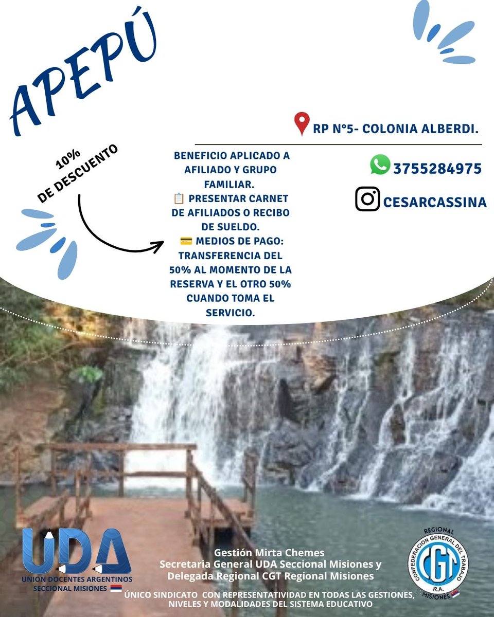 MisionesUda's tweet photo. Un nuevo beneficio para nuestros afiliados: accedé a descuentos exclusivos en servicios de alojamiento para disfrutar junto a tu grupo familiar.

Gestión Mirta Chemes
Secretaria General de la UDA Seccional Misiones y Delegada Regional de la CGT Regional Misiones. https://t.co/gspNkskGc9