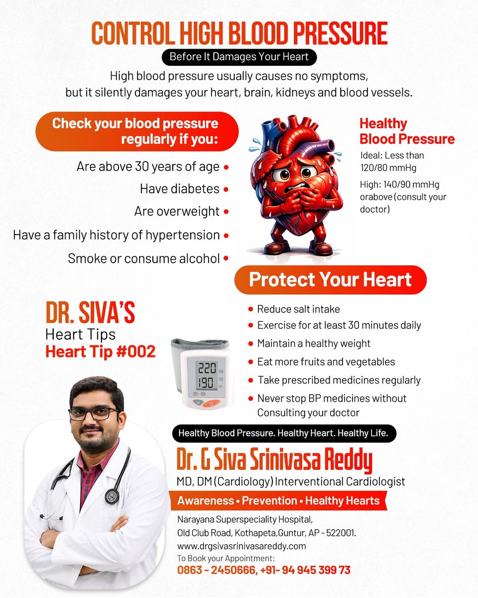 drgssreddy's tweet photo. 📍 Narayana Superspeciality Hospital, Guntur
📞 0863-2450666 | +91 94945 39973

#HighBloodPressure #Hypertension #BloodPressure #HeartHealth #HealthyHeart #HeartCare #Cardiology #PreventiveCardiology #HeartDoctor #DrGSivaSrinivasaReddy #NarayanaSuperspecialityHospital https://t.co/K3zRKILTMf