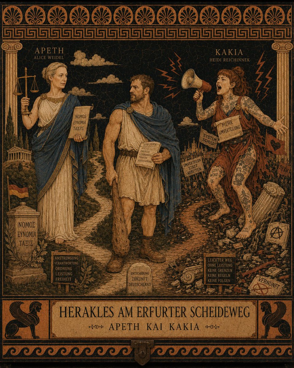 DerReineThor's tweet photo. Herakles am Erfurter Scheideweg: 

Der deutsche Bürger steht zwischen Arete und Kakia. 

Links ruft die schwierige Tugend: Gesetz, Maß, Verantwortung. 
Rechts lockt die tätowierte Adikía: Empörung, Umverteilung, Verhinderung. 

Die Wahl ist alt; nur die Plakate sind neu.