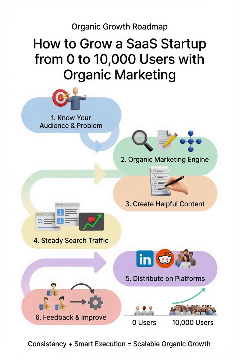 IamVagee's tweet photo. How I would grow a SaaS startup from 0 to 10,000 users using organic marketing

Building a #SaaS startup from 0 to 10,000 users without paid ads is possible, but it needs consistency and smart execution. 

It starts with understanding exactly who the product is for and what problem it solves.

From there, organic marketing becomes the main growth engine - #SEO, #contentmarketing, and social media distribution working together.

Instead of trying to reach everyone, the focus is on creating helpful content that answers real search intent and attracts the right users.

Over time, blog posts, landing pages, and tutorials start bringing steady traffic from search engines.

At the same time, platforms like #LinkedIn, #Reddit, and niche communities help distribute content and build trust. 

As more users come in, feedback improves the product, which makes the content even stronger.

This cycle is what gradually turns zero users into a scalable, organic growth system.

#DigitalMarketing #Marketing #MarketingTips #Business #SocialmediaMarketing #Contentmarketing #MarketingStrategy