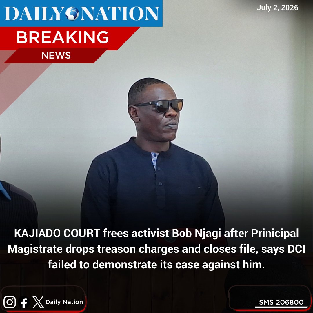 NationAfrica's tweet photo. KAJIADO COURT frees activist Bob Njagi after Prinicipal Magistrate drops treason charges and closes file, says DCI failed to demonstrate its case against him. https://t.co/U9NZxSD9K7
